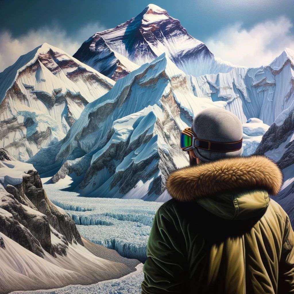someone gazing at Mount Everest, painting, hyperrealism